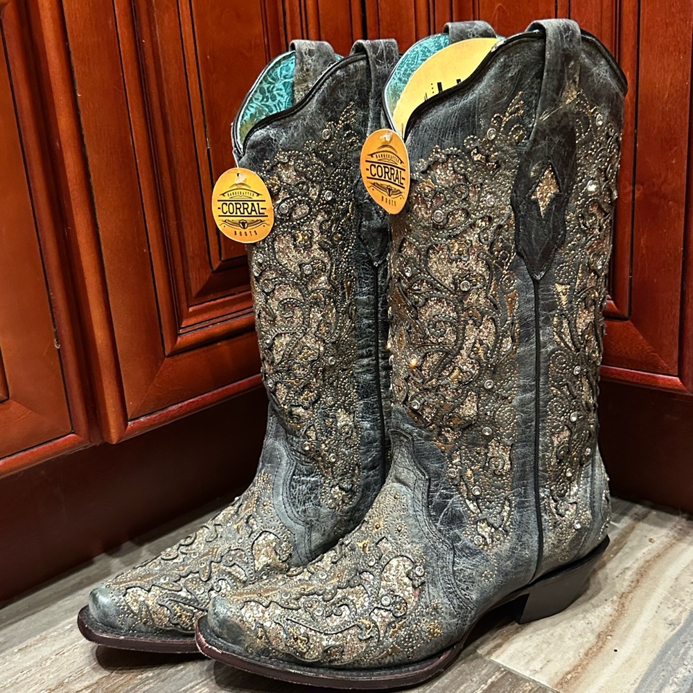 Corral A4231 Gray Gold Glitter Crystal Rhinestone Cowboy Boots Cowgirl Rodeo - Picture 2 of 9